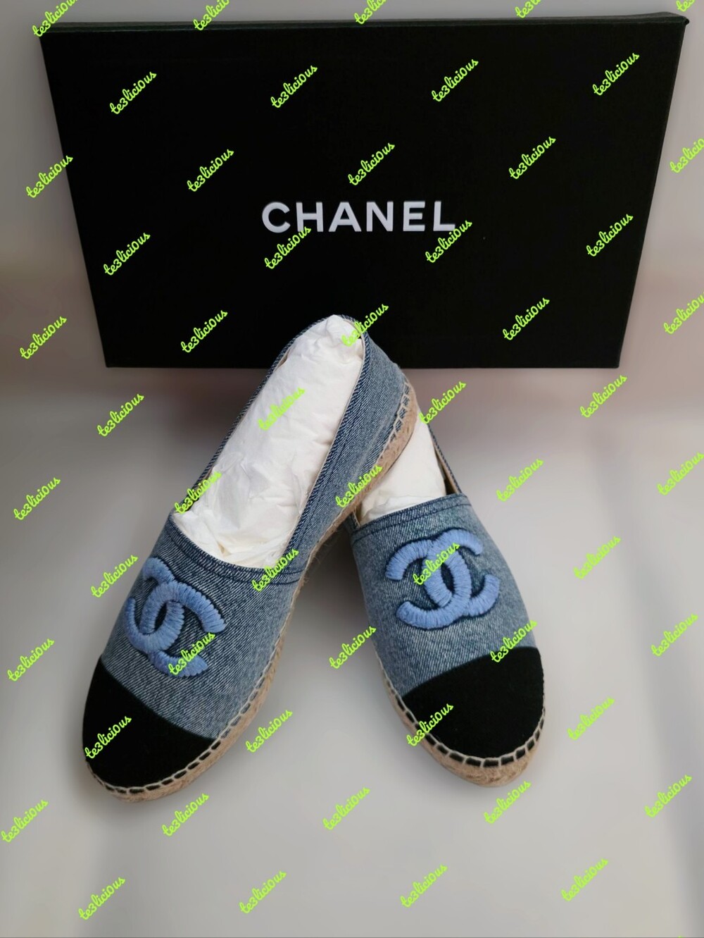 CHANEL 22B LAMBSKIN ESPADRILLES LIGHT BLUE BLACK SZ 39 *PRE-OWNED 100% AUTHENTIC